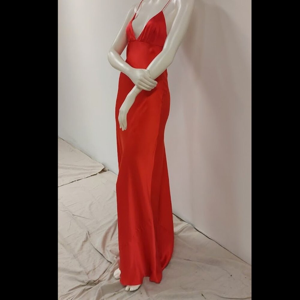 ZARA True Red, 100% Silk, Thin-Strappy, Fit-n-Flare, Maxi Slip Dress; Size: S - Picture 2 of 7